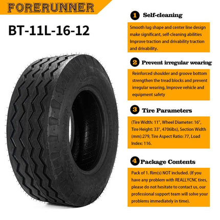 11Lx16 Farm Implement 12 Ply Tire Tubeless Heavy Duty