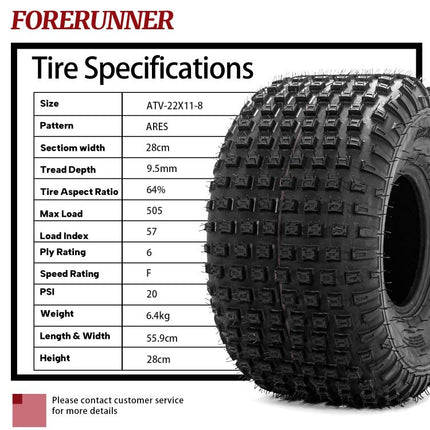 2pcs 22x11-8 6Ply ATV / UTV All Terrain Mud Tires