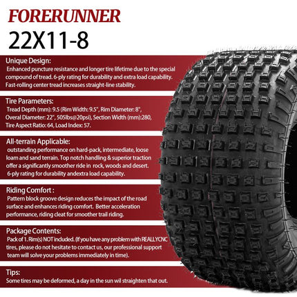 2pcs 22x11-8 6Ply ATV / UTV All Terrain Mud Tires